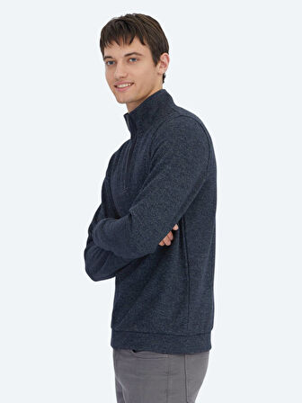 Lacivert Dik Yaka Çizgili Sweatshırt