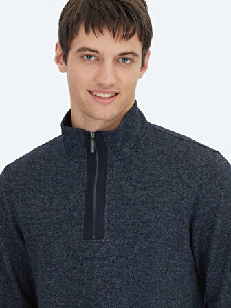 Lacivert Dik Yaka Çizgili Sweatshırt