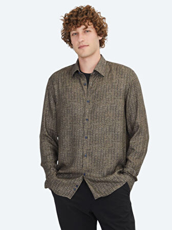 Kahverengi Çizgili Regular Fit Dokuma Casual %100 Pamuk Gömlek