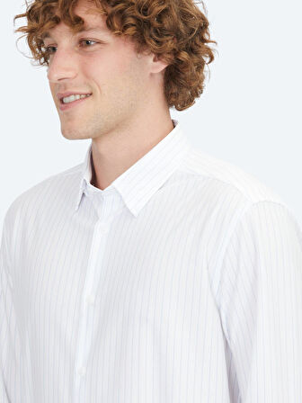 Mavi Çizgili Regular Fit Spor Pamuk Karışımlı Gömlek