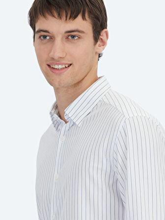 Lacivert Çizgili Regular Fit Spor Pamuk Karışımlı Gömlek