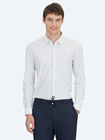 Lacivert Çizgili Regular Fit Spor Pamuk Karışımlı Gömlek