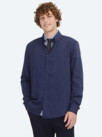 Lacivert Regular Fit Dokuma Casual Gömlek