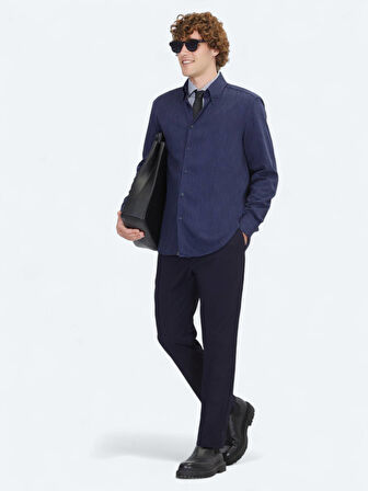 Lacivert Regular Fit Dokuma Casual Gömlek