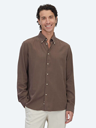 Kahverengi Regular Fit Dokuma Casual Pamuk Karışımlı Gömlek