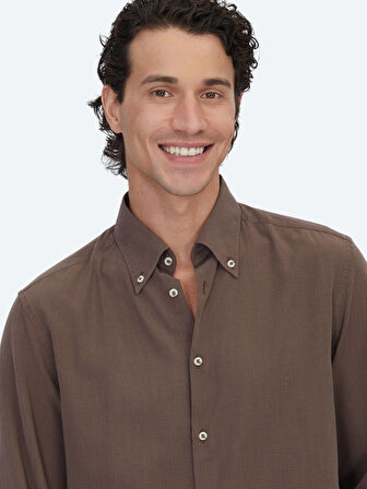 Kahverengi Regular Fit Dokuma Casual Pamuk Karışımlı Gömlek