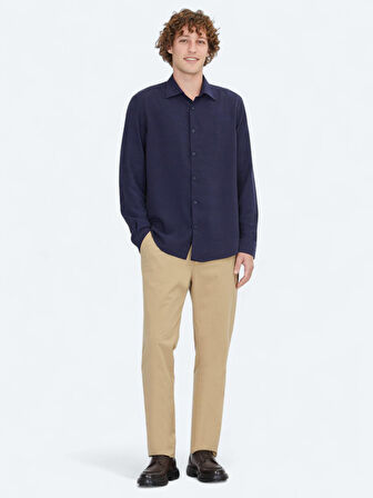 Lacivert Çizgili Regular Fit Dokuma Casual Gömlek