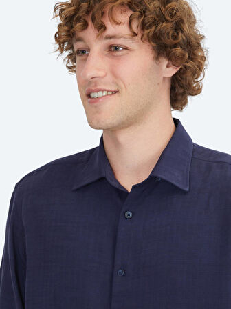 Lacivert Çizgili Regular Fit Dokuma Casual Gömlek