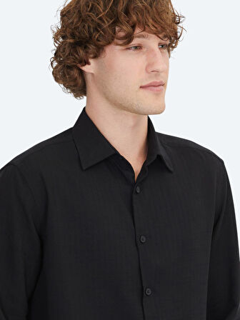 Siyah Çizgili Regular Fit Dokuma Casual Gömlek