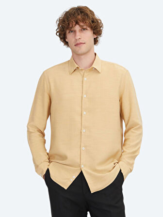 Safran Çizgili Regular Fit Dokuma Casual Gömlek