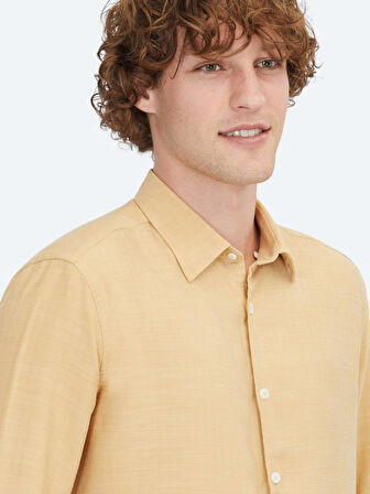 Safran Çizgili Regular Fit Dokuma Casual Gömlek