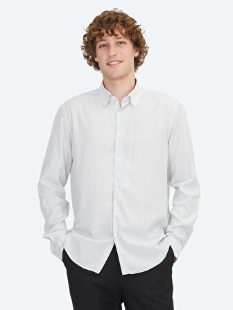 Beyaz Çizgili Regular Fit Dokuma Casual Gömlek