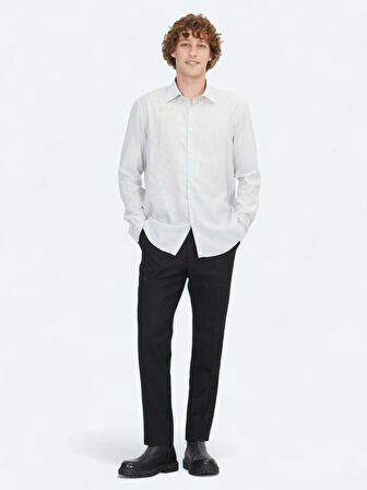 Beyaz Çizgili Regular Fit Dokuma Casual Gömlek