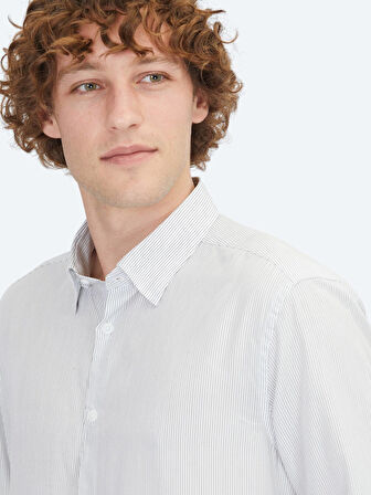 Beyaz Çizgili Regular Fit Dokuma Casual Gömlek