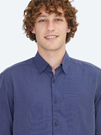 Lacivert Çizgili Regular Fit Dokuma Casual Gömlek