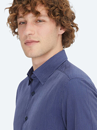 Lacivert Çizgili Regular Fit Dokuma Casual Gömlek