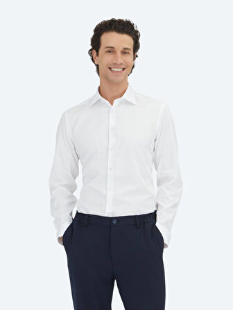 Beyaz Düz Slim Fit Dokuma Klasik %100 Pamuk Gömlek