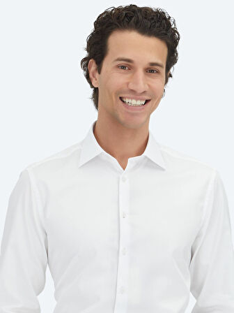 Beyaz Düz Slim Fit Dokuma Klasik %100 Pamuk Gömlek