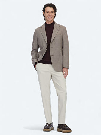 Açık Kahve Desenli Modern Fit Yün Karışımlı Ceket