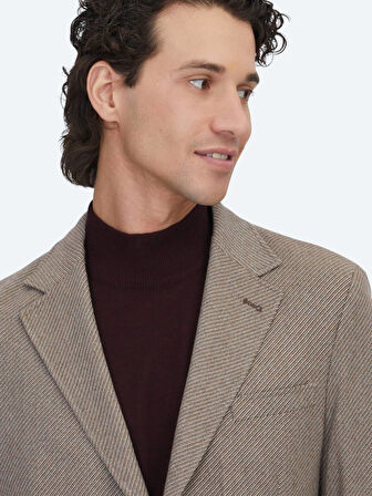 Açık Kahve Desenli Modern Fit Yün Karışımlı Ceket