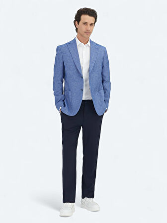 Mavi Çizgili Modern Fit Pamuk Karışımlı Ceket