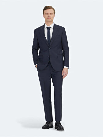 Lacivert Çizgili Modern Fit Yün Karışımlı Takım Elbise