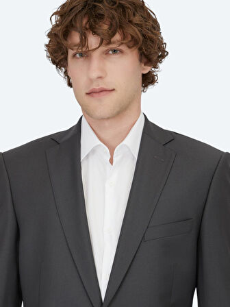 Antrasit Düz Regular Fit Yün Karışımlı Takım Elbise