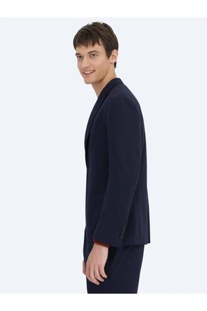 Lacivert Çizgili Modern Fit Örme Takım Elbise