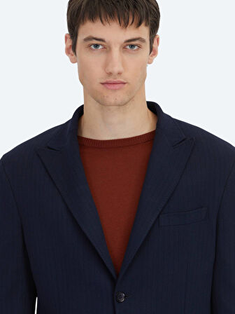 Lacivert Çizgili Modern Fit Örme Takım Elbise