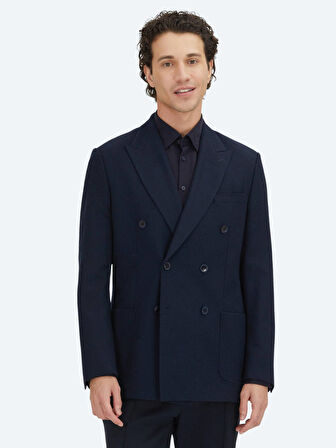 Lacivert Düz Modern Fit Yün Karışımlı Ceket