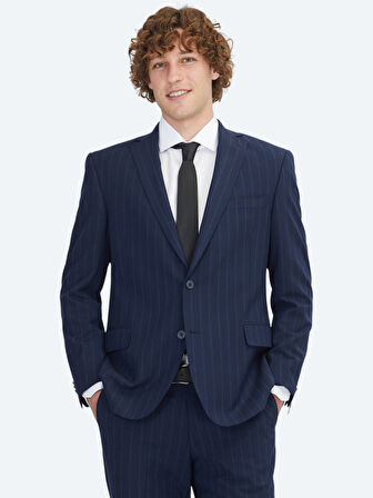 Lacivert Çizgili Regular Fit Yün Karışımlı Takım Elbise
