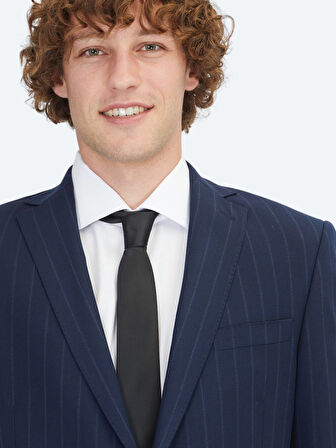 Lacivert Çizgili Regular Fit Yün Karışımlı Takım Elbise