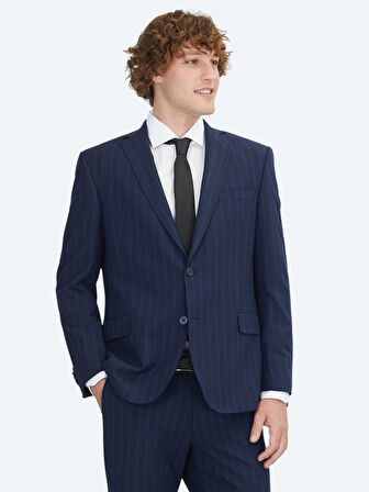 Lacivert Çizgili Regular Fit Yün Karışımlı Takım Elbise