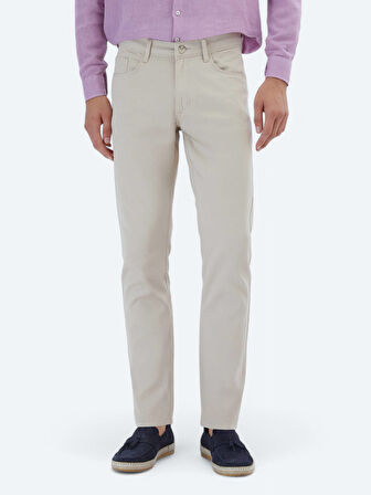 Bej Düz Dokuma Slim Fit Casual Pamuk Karışımlı Pantolon