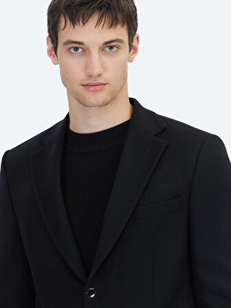 Siyah Düz Modern Fit Yün Karışımlı Ceket