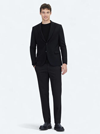 Siyah Düz Modern Fit Yün Karışımlı Ceket