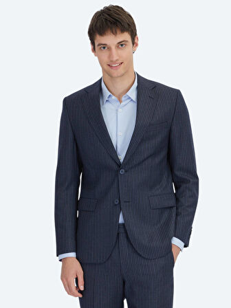 Lacivert Çizgili Modern Fit Yün Karışımlı Takım Elbise