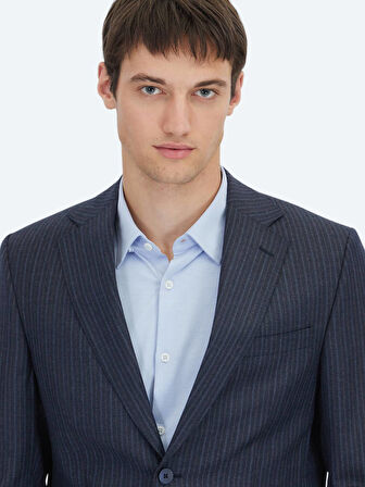 Lacivert Çizgili Modern Fit Yün Karışımlı Takım Elbise