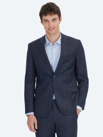Lacivert Çizgili Modern Fit Yün Karışımlı Takım Elbise