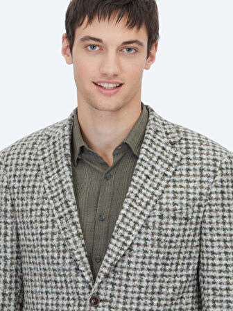 Haki Desenli Modern Fit Yün Karışımlı Örme Ceket