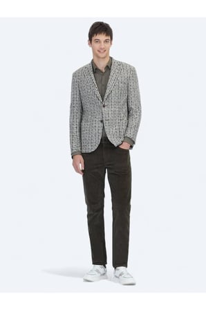 Haki Desenli Modern Fit Yün Karışımlı Örme Ceket