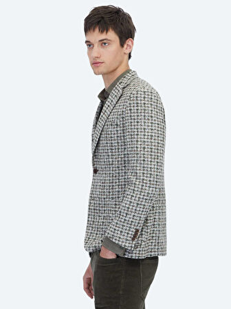 Haki Desenli Modern Fit Yün Karışımlı Örme Ceket