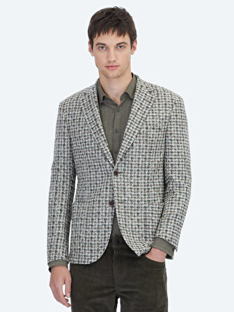 Haki Desenli Modern Fit Yün Karışımlı Örme Ceket