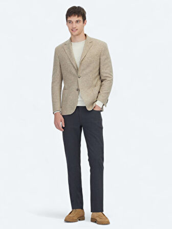 Bej Desenli Modern Fit Yün Karışımlı Örme Ceket