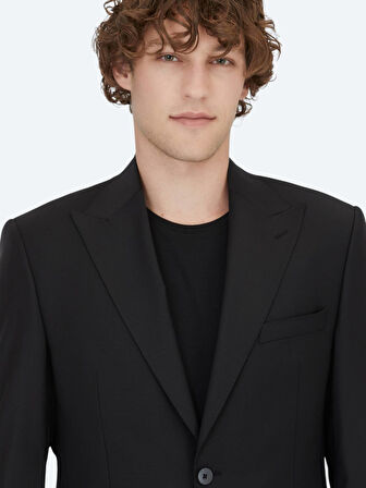 Siyah Düz Modern Fit Yün Karışımlı Takım Elbise