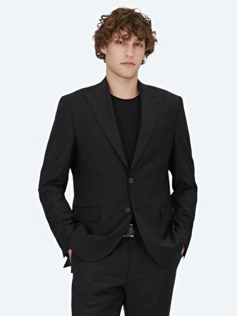 Siyah Düz Modern Fit Yün Karışımlı Takım Elbise