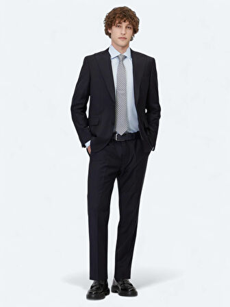 Lacivert Düz Modern Fit Yün Karışımlı Takım Elbise