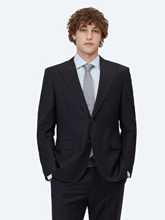 Lacivert Düz Modern Fit Yün Karışımlı Takım Elbise