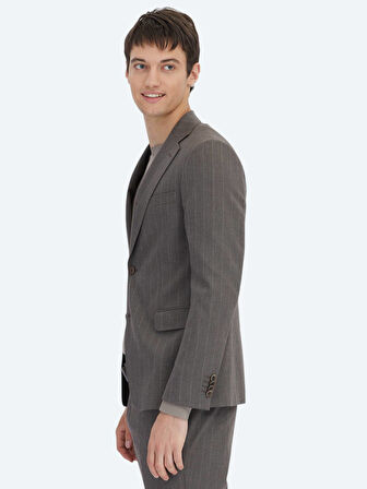 Kahverengi Çizgili Modern Fit Yün Karışımlı Takım Elbise