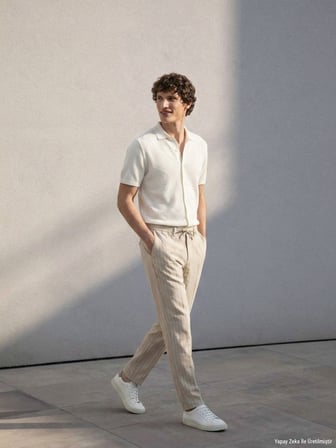 Bej Çizgili Dokuma Jogging Fit Casual Keten Karışımlı Pantolon